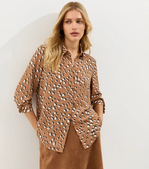Women's Brown Abstract Pattern Gold Button Shirt
