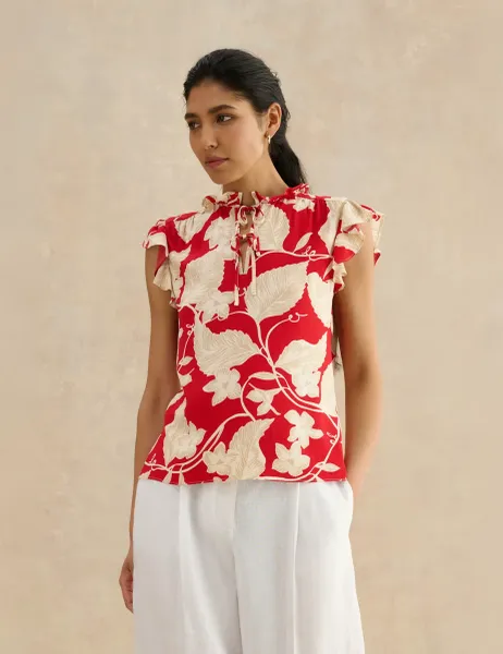 Hobbs Floral Tie Neck Ruffle Blouse Red Mix