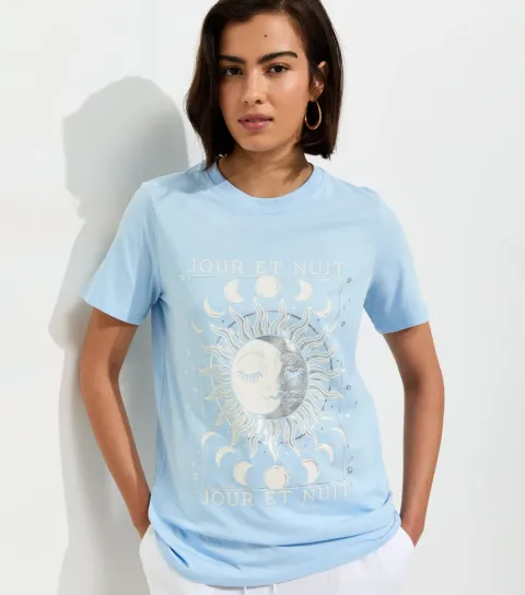 Women's Light Blue Cotton Mystic Print T-Shirt
