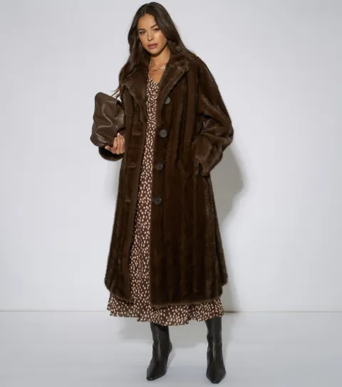 Gini London Women's Dark Brown Faux Fur Longline Coat