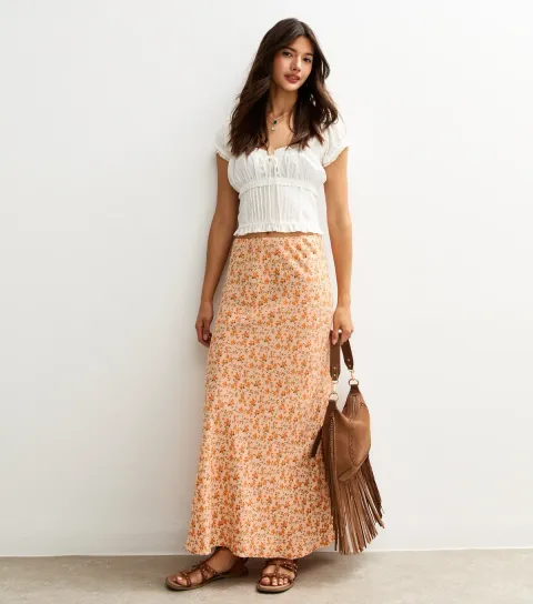 New Look Women's Orange Floral Print Bias Cut Midi Skirt