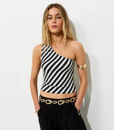 Women's Black Slinky Jersey Diagonal Stripe One Shoulder Top