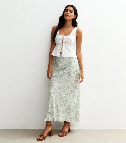 New Look Women's White Floral Print Bias Cut Midi Skirt