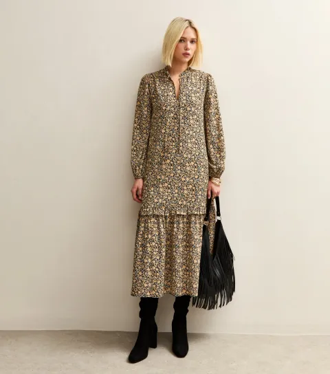 Women's Yellow Floral Smock Midi Dress