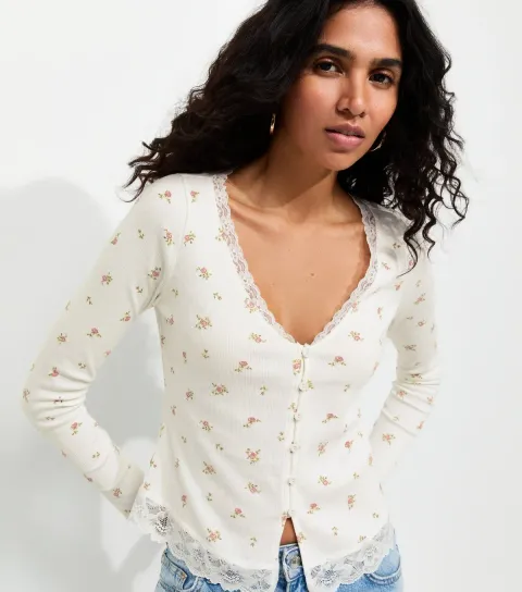Women's Cream Cotton Rich Floral Print Button Front Ribbed Top