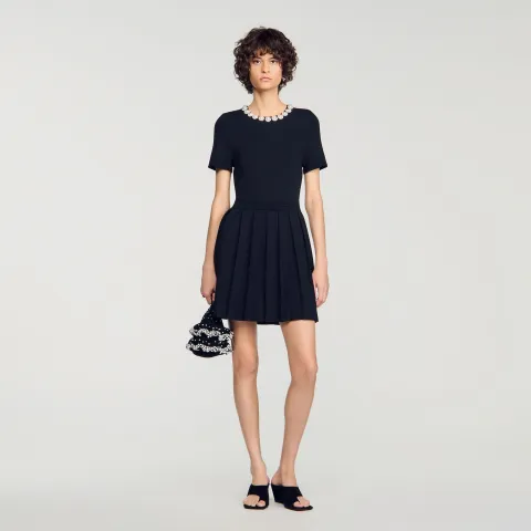 SANDRO Short dress with beaded flowers