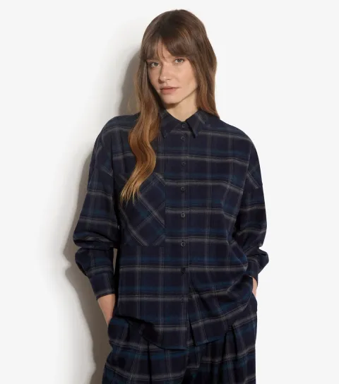 Women's Navy Checked Single Pocket Shirt