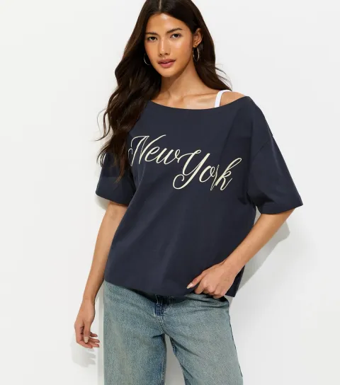 Women's Navy New York Off The Shoulder T-Shirt