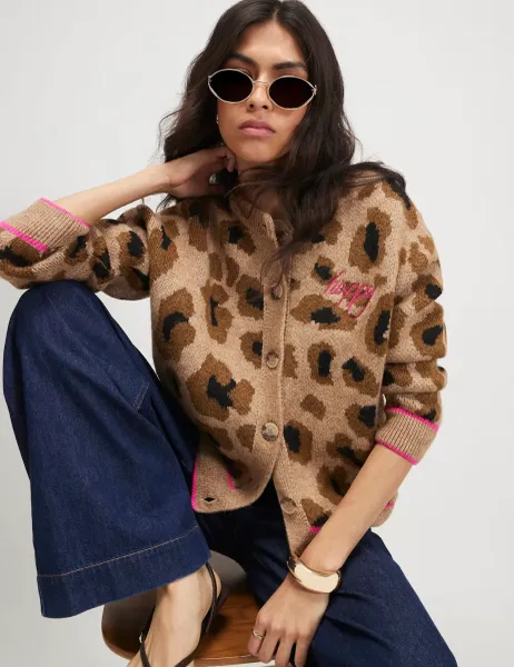 River Island Animal Print Happy Face Crew Neck Cardigan Beige Mix