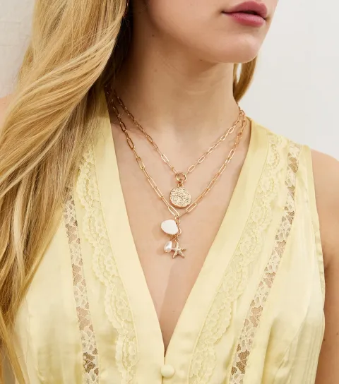 Gold Tone 2 Chain Layered Seashell Charm Necklace