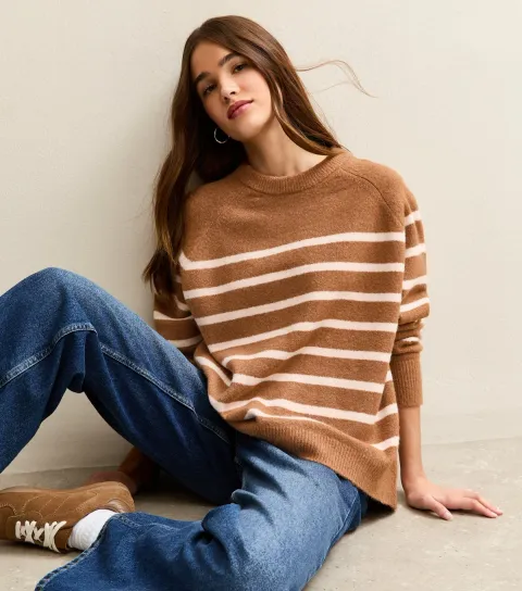 New Look Women's Light Brown Striped Raglan Sleeves Oversized Jumper