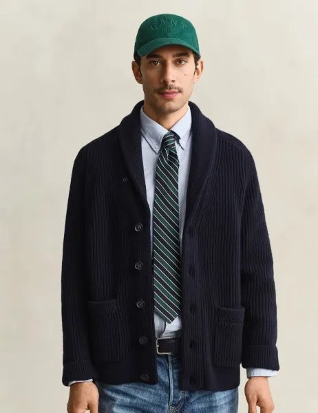Gant Lambswool Blend Ribbed Shawl Collar Cardigan Navy
