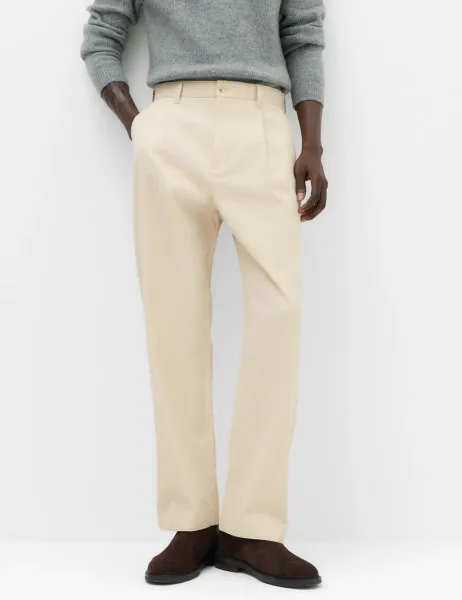 Marks & Spencer Cotton Rich Relaxed Pleat Front Trousers Light Buff
