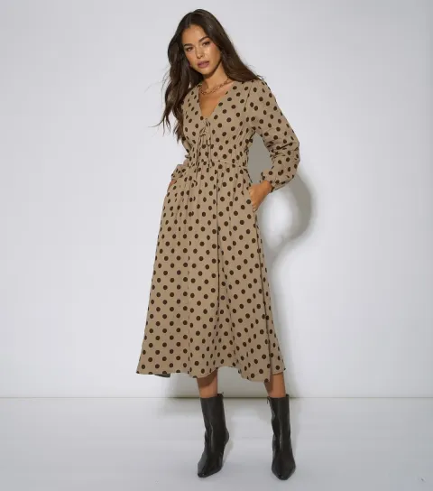 Gini London Women's Oatmeal Spot Print Skater Midi Dress