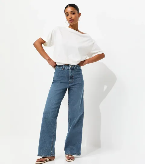Women's Blue High Waist Stretch Denim Wide Leg Jeans