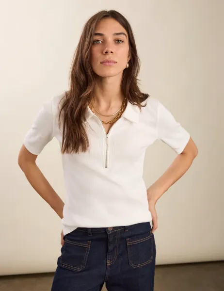 BAUKJEN Pure Cotton Ribbed Half Zip Top Soft White