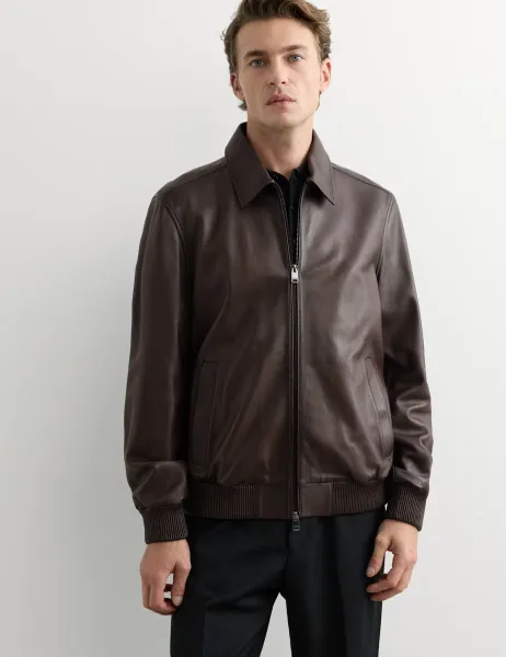 Jaeger Burnished Leather Harrington Jacket Dark Brown