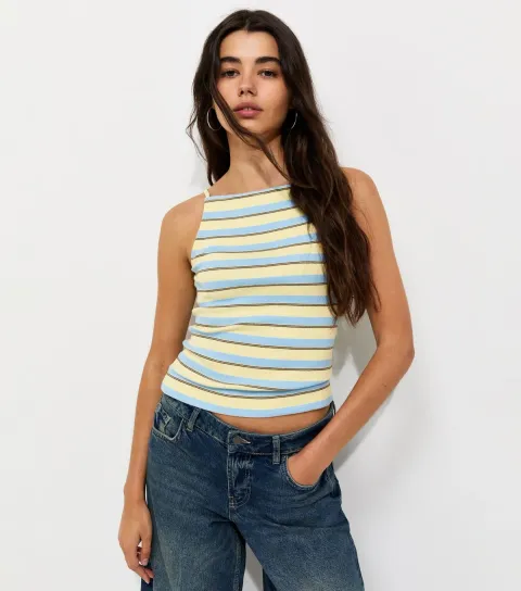 Women's Yellow Cotton Rich Striped Square Neck Tank top