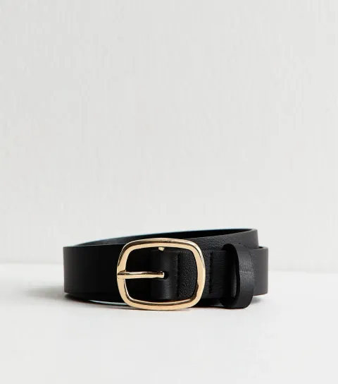 Black Real Leather Rectangle Buckle Belt