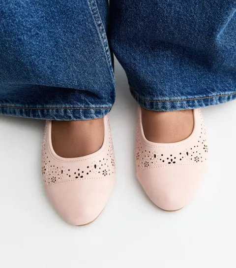 Women's Wide Fit Pink Faux Leather Floral Cutout Ballet Pumps Vegan
