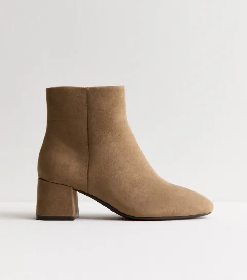 New Look Women's Wide Fit Camel Faux Suede Block Heel Ankle Boots Vegan