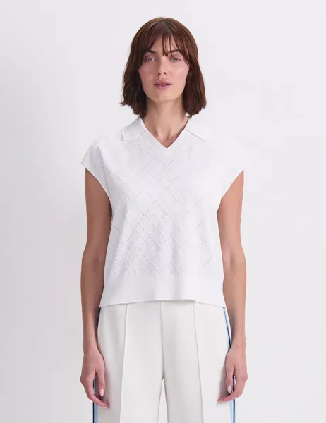 Sportscraft Knitted Argyle Textured Polo Shirt Cream