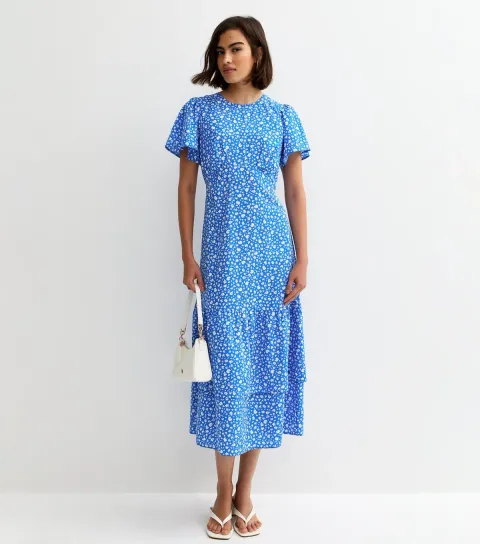 Women's Blue Crepe Floral Print Short Sleeve Tiered Midi Dress