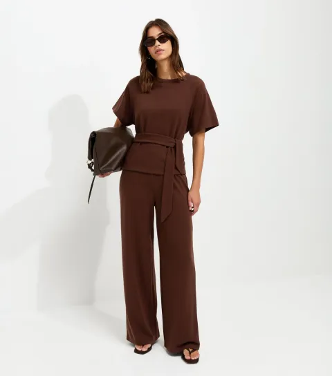 New Look Women's Brown Soft Touch Wide Leg Trousers