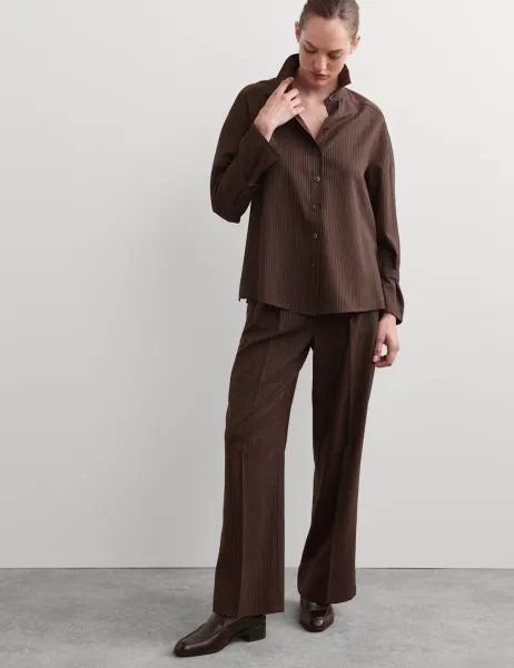 Jaeger Wool Rich Pinstripe Collared Shirt Chocolate
