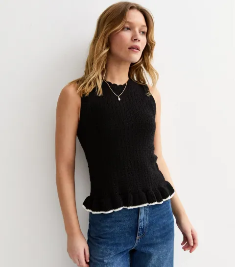 Women's Black Cotton Rich Textured Knit Frill Hem Vest
