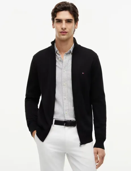 Tommy Hilfiger Pure Cotton Zip Up Funnel Neck Cardigan Black