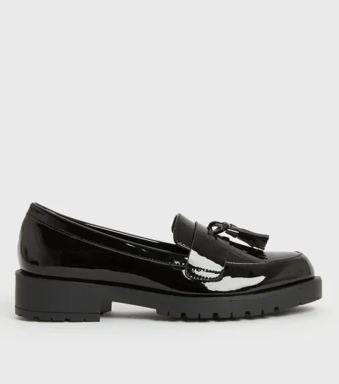 Women's Black Patent Tassel Chunky Loafers Vegan