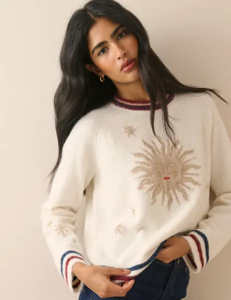 Nobody's Child X Elizabeth Scarlett Intarsia & Embroidery Sun Motif Jumper with Wool