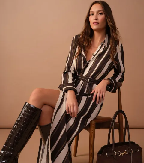 New Look Women's Brown Striped Midi Shirt Dress