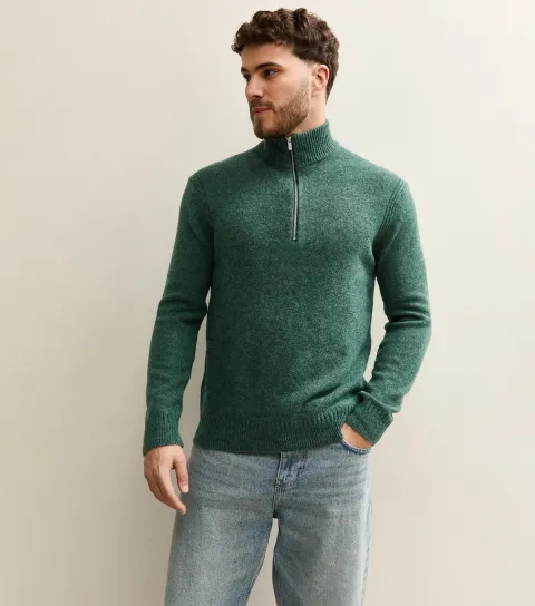 Men's Dark Green Regular Brushed Half Zip Jumper