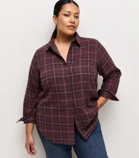 New Look Women's Plus Size Red Cotton Check Long Sleeve Shirt Curves