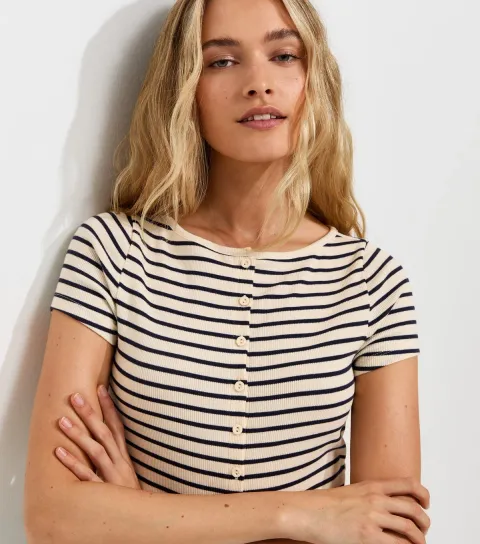 New Look Women's Cream Cotton Rich Striped Button Through Baby Tee T-Shirt