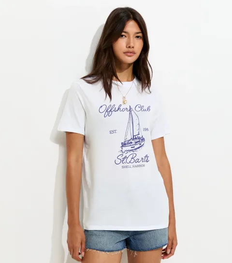 Women's White Cotton Sailing Boat Print Relaxed T-Shirt