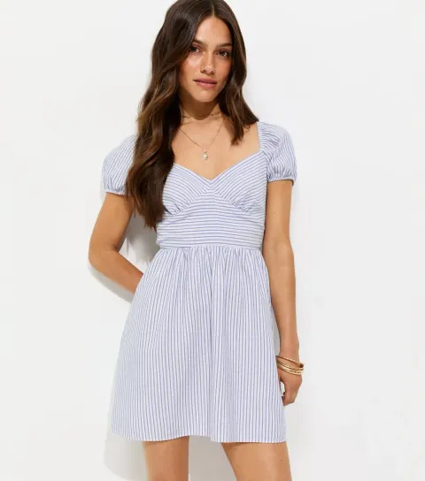 Women's Petite Blue With Cotton Striped Puff Sleeve Mini Dress