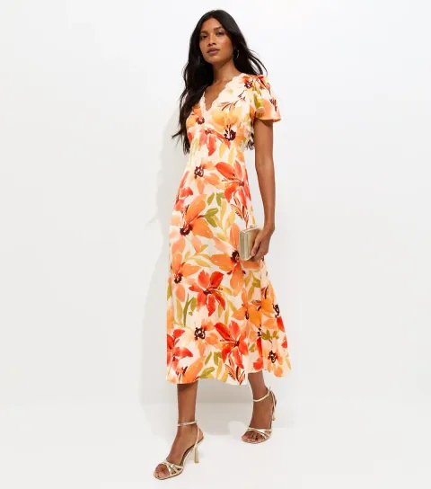 Women's Orange Floral Watercolour Short Sleeve Midi Dress