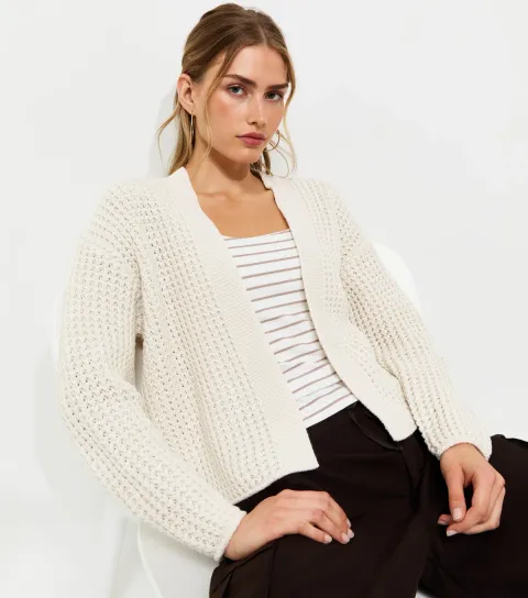 Women's Off White Moss Stitch Open Front Cardigan