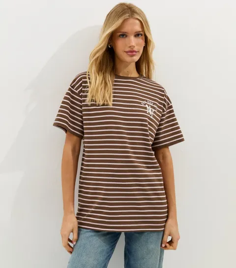 Women's Brown Striped Cotton New York City Logo T-Shirt