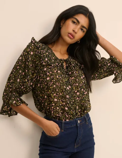 Nobody's Child Floral Collared Tie Neck Blouse Black