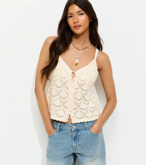 Women's Cream Cotton Rich Crochet Button Up Cami Top