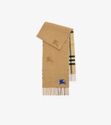 Reversible Knight Check Cashmere Scarf in Sand beige