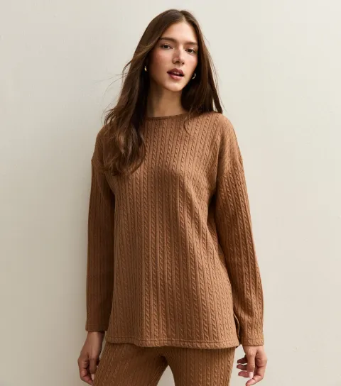 Women's Tan Soft Touch Cable Knit Split Hem Top