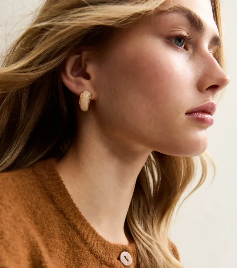 Cream Resin Gold Tone Chunky Half Hoop Earrings