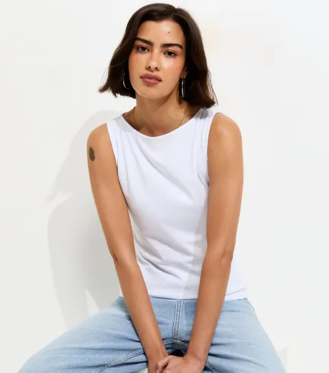 Women's White Cotton Rich Slash Neck Vest