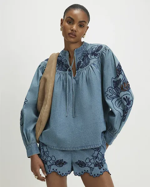 River Island Cutwork Embroidered Denim Blouse