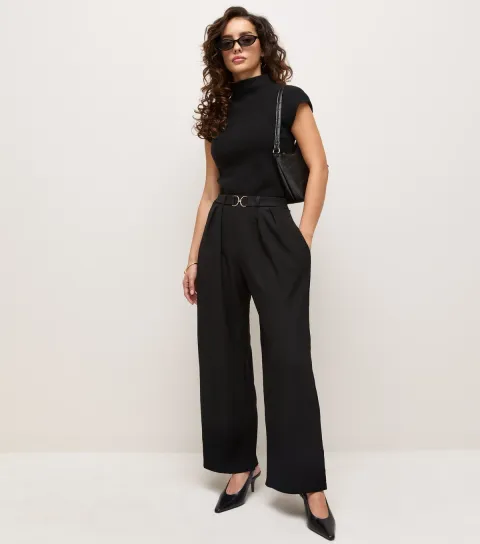 Women's Petite Black Belted Crinkle Texture Wide Leg Trousers